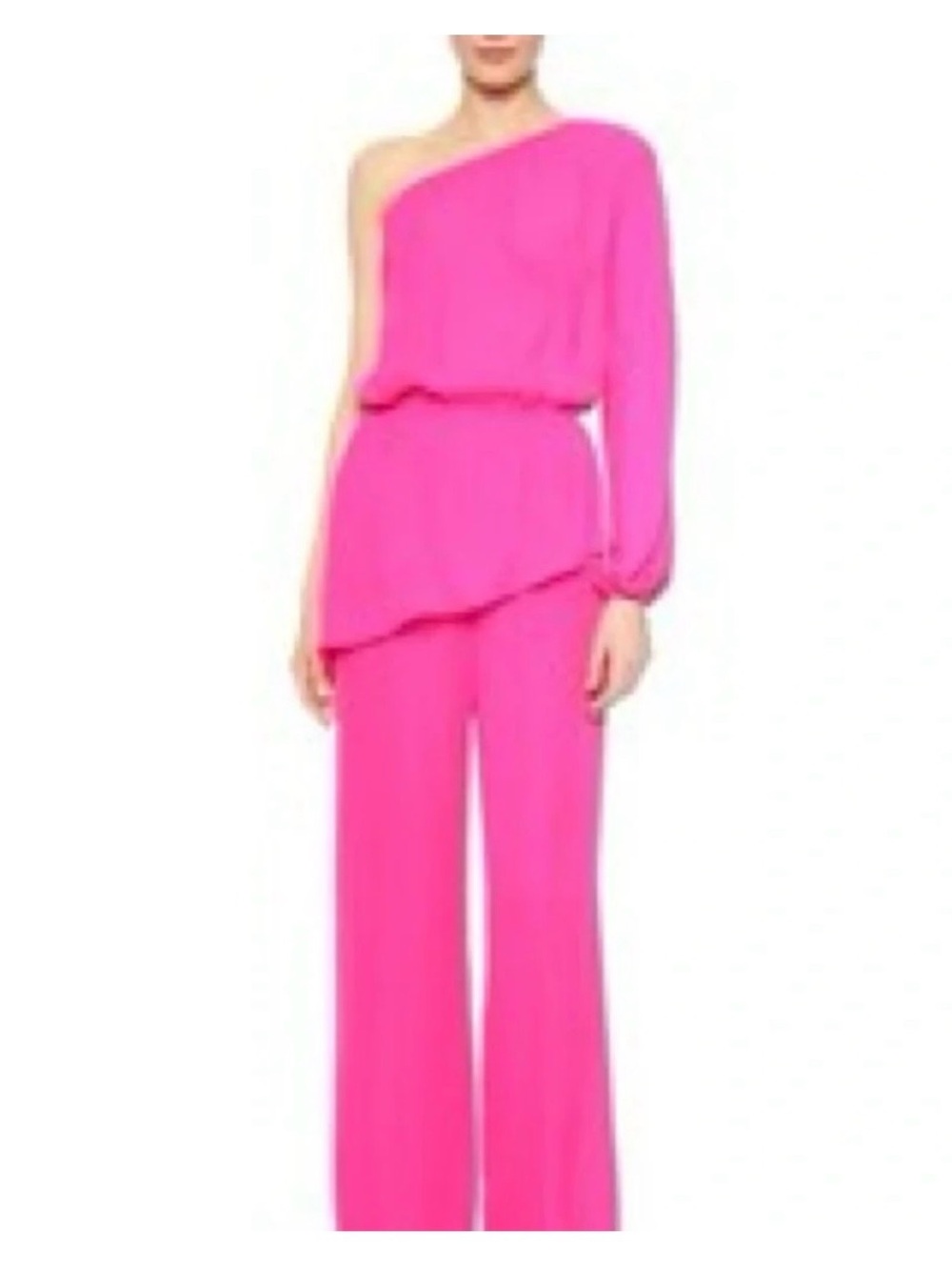 Tamara Mellon hot pink silk one shoulder peplum jumpsuit size 4 NWT